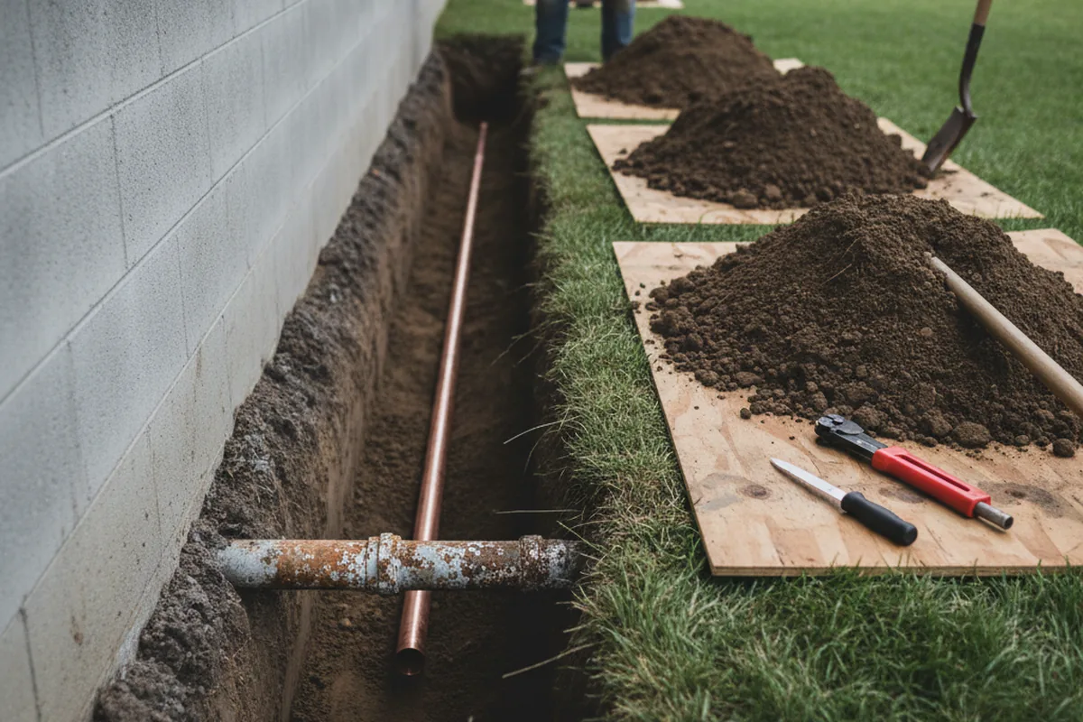 Excavated water line trench during Water Softener Installation in Brightwood